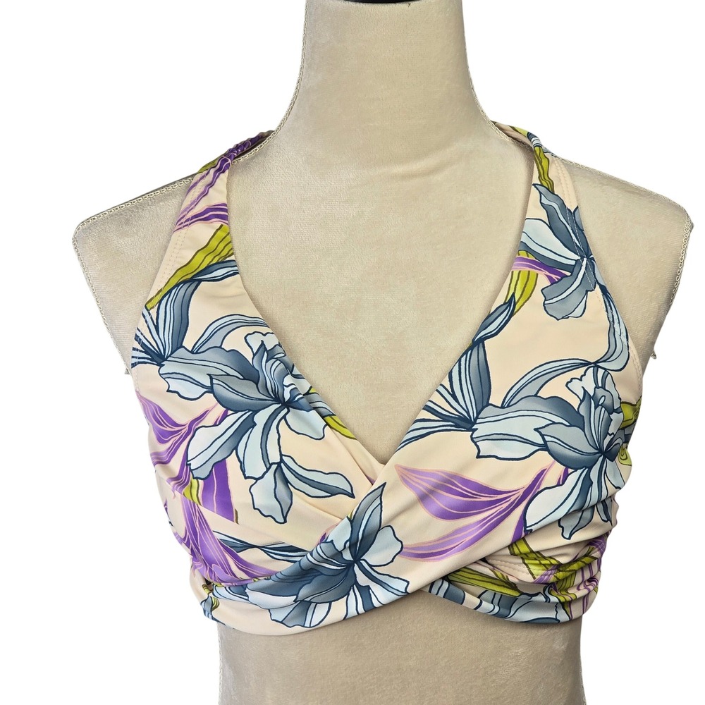 Sandflower Womens Floral Halter Bikini Top Twist Front Cream Blue XL 16-18